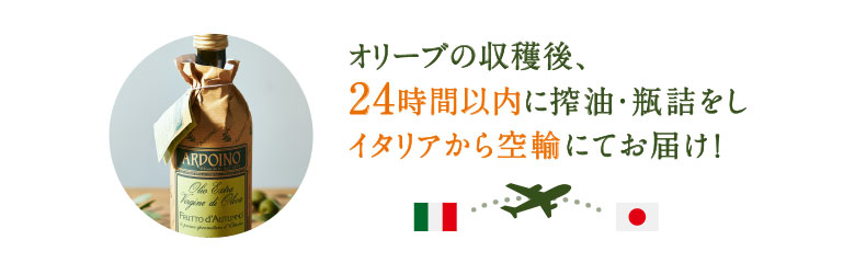 オリーブの収穫後、24時間以内に搾油・瓶詰をし、イタリアから空輸にてお届け